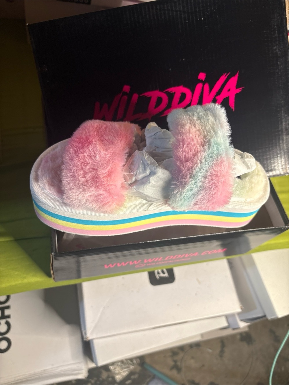 Wild Diva Kids Pastel Rainbow Faux-Fur Slide Sandals